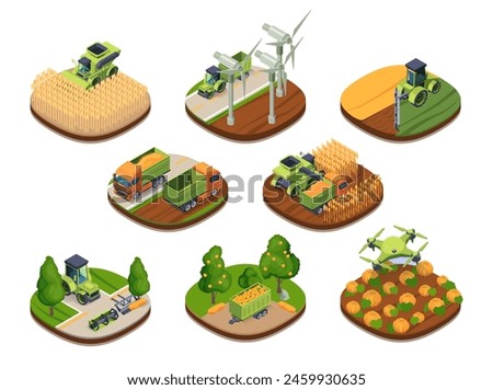 Isometric agricultural icons featuring various farm vehicles, wind turbines, and produce on a white background, depicting modern farming. vector illustration