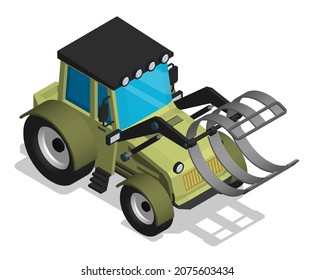 Isometric agricultural tractor with clamping tongs for loading hay into bales. Transport and equipment for agriculture. Realistic cartoon 3d vector isolated on white background