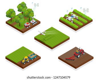 Isometric agriculture automatic guided robots harvest fruit from trees and harvest berries, combined harvester-thresher in the field.