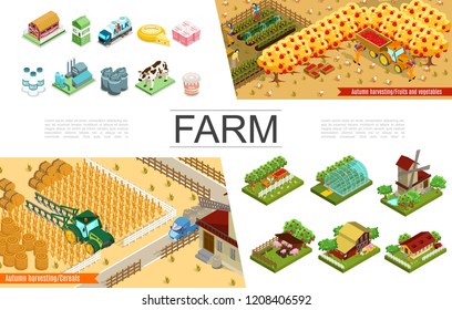 Isometric agriculture elements collection with farms windmill harvesting farmers greenhouse fruits animals trees agricultural vehicles dairy factory and products vector illustration