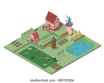 Isometric agriculture rural composition with farming buildings trees flowers vegetables cows and ducks in pond vector illustration