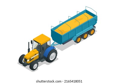 Isometric Agriculture Tractor with Grain Hopper Trailer. Semi tractor and used to haul bulk commodity products, such as grain