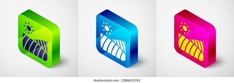 Isometric Agriculture wheat field farm rural nature scene landscape icon isolated on grey background. Square button. Vector