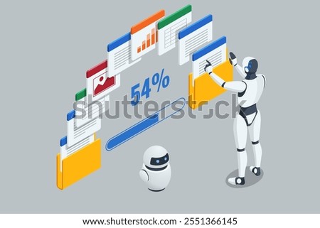 Isometric AI Artificial Intelligence. An AI-driven robot processes business analytics data with precision. It identifies trends, provides actionable insights, and streamlines decision-making tasks.