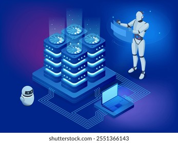 Inteligencia artificial isométrica. Los robots impulsados por IA simplifican el análisis de negocios al procesar datos e identificar patrones clave. Permiten a las empresas tomar mejores decisiones basadas en datos