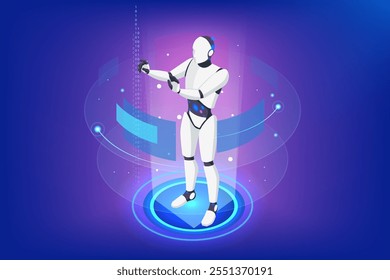 Inteligência Artificial de IA isométrica. A inteligência artificial permite que os robôs controlem o processamento de dados para análise de negócios. Eles detectam tendências, geram percepções e dão suporte ao planejamento estratégico.