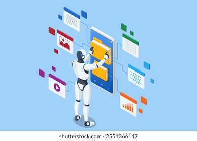 Isometric AI Artificial Intelligence. A robot equipped with artificial intelligence excels in business analytics. It deciphers trends, delivers valuable insights, and enhances organizational