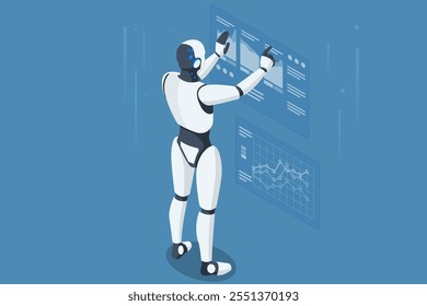 Isometric AI Artificial Intelligence. With AI, robots efficiently handle business analytics, uncovering trends and improving decision-making processes. They turn raw data into actionable insights.