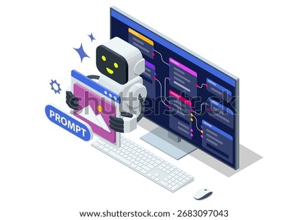Isometric AI assistant to design a website or application on a large monitor, symbolizing automated UI UX creation. AI assistant using prompts to generate creative images on computer screen.