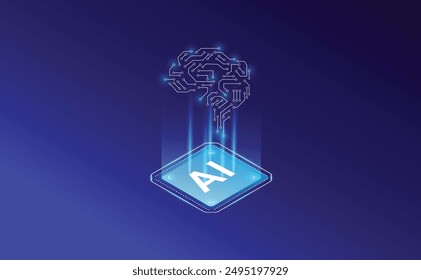 Isometric AI Banner Design:  Artificial Intelligence and Modern Graphics, Brain technology vector design.