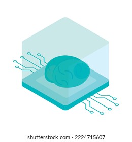isometric AI brain tech icon isolated