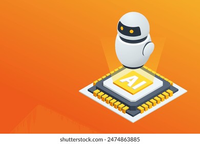 In: Isometric AI Chat Bot. Kleiner minimaler moderner weißer Roboter. KI-Chat nicht über Messenger mit dem Benutzer sprechen.
