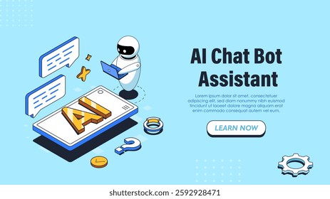 Isometric AI chat poster. Bot near smartphone. Artificial intelligence and machine learning. Automation of answers to user questions. Landing page design. Linear vector illustration