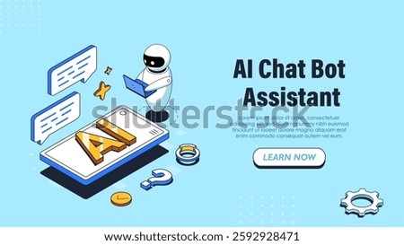 Isometric AI chat poster. Bot near smartphone. Artificial intelligence and machine learning. Automation of answers to user questions. Landing page design. Linear vector illustration