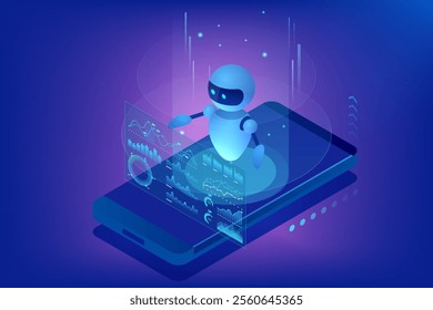 Isometric AI chatbot robot interacting with holographic data dashboards above a smartphone. Neon blue and purple gradients create a futuristic and tech-focused ambiance