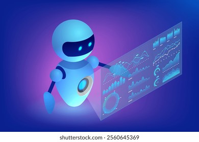 Isometric AI chatbot robot interacting with holographic data dashboards above a smartphone. Neon blue and purple gradients create a futuristic and tech-focused ambiance