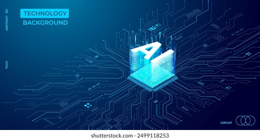 Isometric AI chip hologram in the center of circuit board. Technology blue background. Electronics and Computer concept. Artificial Intelligence neon light icon on circuit board. Vector illustration.