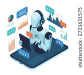 Isometric AI Customer Support Robot Assisting User on Digital Tablet. AI Customer Service Agent Concept