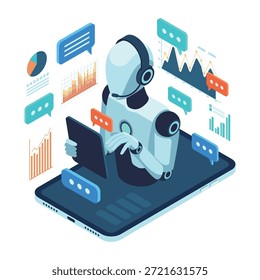 Robot de Asistencia al cliente de IA isométrica que ayuda al usuario en la tableta digital. Concepto de agente de Servicio al cliente AI