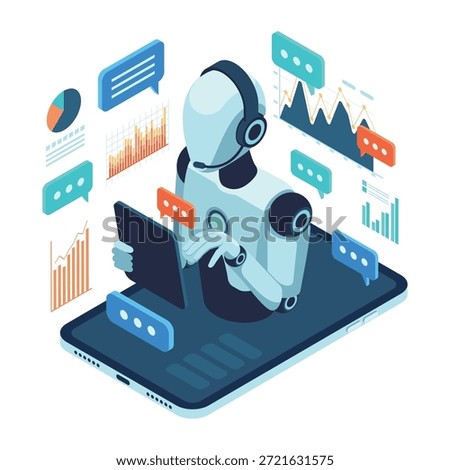 Isometric AI Customer Support Robot Assisting User on Digital Tablet. AI Customer Service Agent Concept