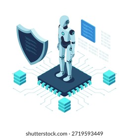 Robot de ciberseguridad de IA isométrica con protección de datos de escudo. Concepto de Agente de Ciberseguridad AI