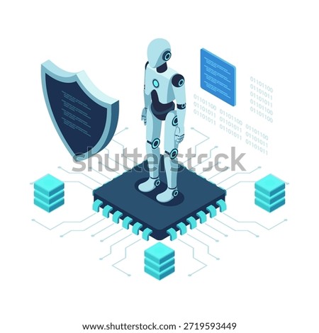 Isometric AI Cybersecurity Robot with Shield Protecting Data. AI Cybersecurity Agent Concept