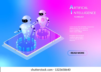 Isometric AI Element Mobile Device Security Communication Data Transfer Technology. Abstract Digital Robot Gadget For Webpage UI App Illustration