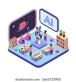 Isometric AI Learning Environment with Robot and Students. Artificial Intelligence for Kids Concept