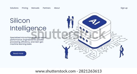 Isometric AI microchip vector illustration. Artificial intelligence processor and server concept with people on a circuit board. Clean IT technology landing page layout
