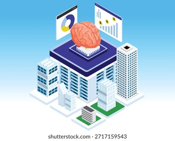 Isometric AI Neural Network and Smart City Data Center with Financial Analytics 3d vector illustration