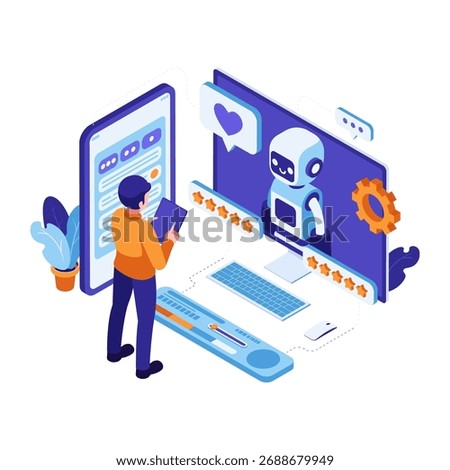 Isometric AI Powered Customer Support Interaction with User. AI Customer Support Concept
