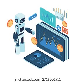 Robot de IA isométrica que analiza datos financieros y gráficos de criptomonedas. Agente de IA en concepto de asesoramiento financiero