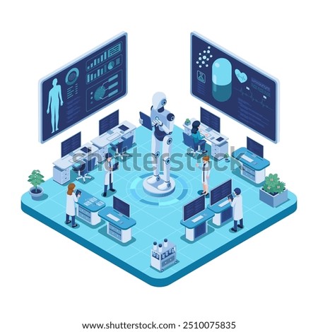 Isometric AI Robot Assisting Team of Medical Professionals In Lab. AI Diagnostics and AI-Powered Pharmaceutical Development