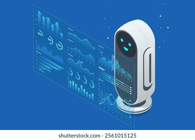 Isometric AI robot interacting with digital analytics interface, displaying KPIs and data insights. Robot analyzing data on holographic screen, featuring performance charts, graphs