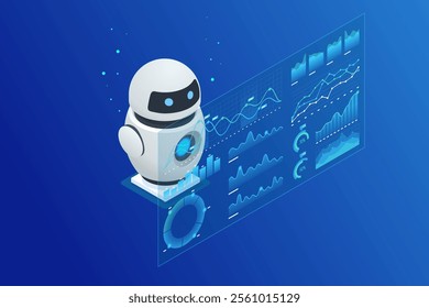Isometric AI robot interacting with digital analytics interface, displaying KPIs and data insights. Robot analyzing data on holographic screen, featuring performance charts, graphs