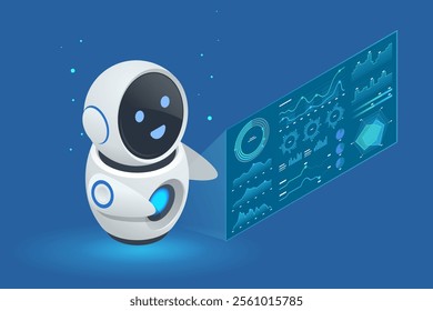 Isometric AI robot interacting with digital analytics interface, displaying KPIs, data insights AI-Driven Workflow. Big Data Integration. Businessman touching Virtual Screen with Decision-Making Tech