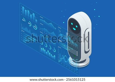 Isometric AI robot interacting with digital analytics interface, displaying KPIs and data insights. Robot analyzing data on holographic screen, featuring performance charts, graphs