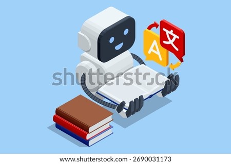 Isometric AI robot reading book with language translation icons. Concept of artificial intelligence education, learning, and translation technology.
