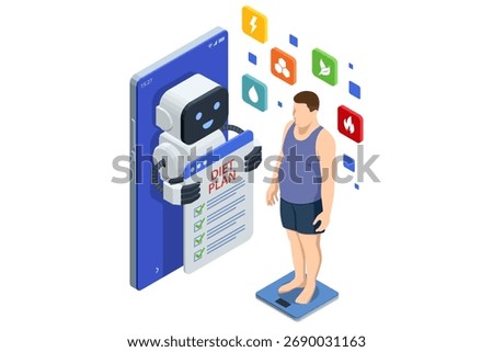 Isometric AI robot showing diet plan to man on scale. Concept of fitness, nutrition tracking, weight loss and smart health app.