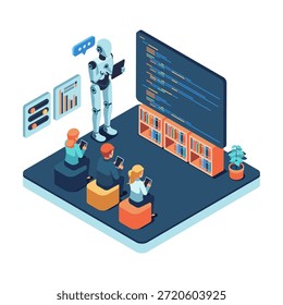 Isométrica AI robô professor ensinando aula de codificação para os alunos. Conceito de Professor de IA