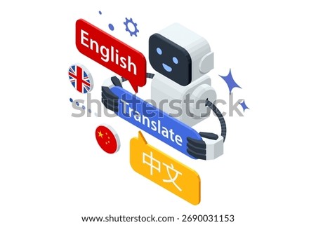 Isometric AI robot translator switching between English and Chinese languages. Concept of smart translation, technology and artificial intelligence communication tool.