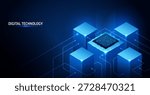 Isometric AI technology 3D vector illustration. Central processor chip, big data circuits and connected server cubes. Blue background for computing, semiconductor, block chain system digital concept.