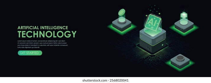 isometric ai technology analysis,Isometric circuit background, 3D AI chip and techonology