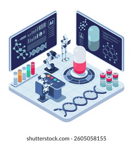 Isometric AI-Driven Laboratory for Pharmaceutical Research and Biotechnology. Artificial Intelligence in Drug Development Concept