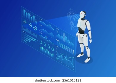 Isometric AI-Driven Workflow. Isometric humanoid robot analyzing data on holographic screen, featuring performance charts, graphs and futuristic elements on blue background. Automating Data Management