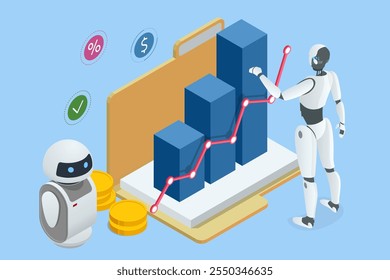 Isometric An AI-powered robot efficiently processes data for business analytics. It analyzes trends, generates insights, and optimizes decision-making processes.