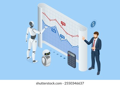 Isométrico Um robô alimentado por IA processa de forma eficiente os dados para análise de negócios. Ele analisa tendências, gera percepções e otimiza processos de tomada de decisão.