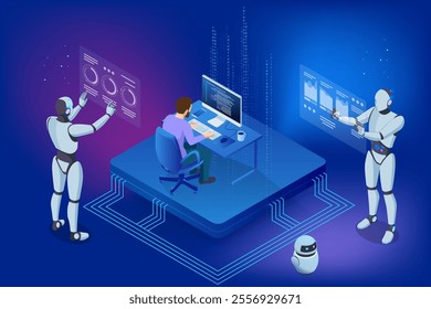 Isometric AI-powered robot ensuring information privacy through advanced cybersecurity measures. It enhances the security, performance of databases while providing secure online banking.