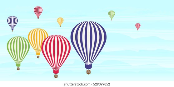 Isometric air balloons in the sky. Flat vector.