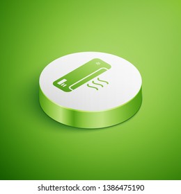 Isometric Air conditioner with fresh air icon isolated on green background. Split system air conditioning sign. Cool and cold climate control system. White circle button. Vector Illustration